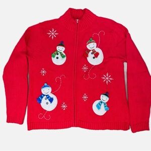 Christmas Snowman Red Cardigan Sweater Full Zip Sz Large Holidays Party